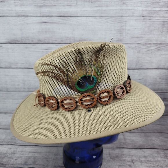 Henschel Hat Co Aussie Safari Sun Hat Khaki Size Medium, Peacock Feather - Picture 2 of 9